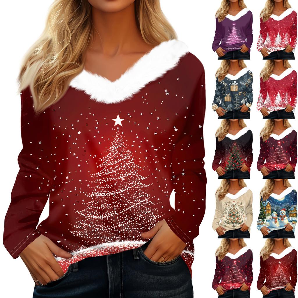Женская мода с длинным рукавом, рождественский принт, плюшевый ворот, V-образный вырез, пуловер, топ