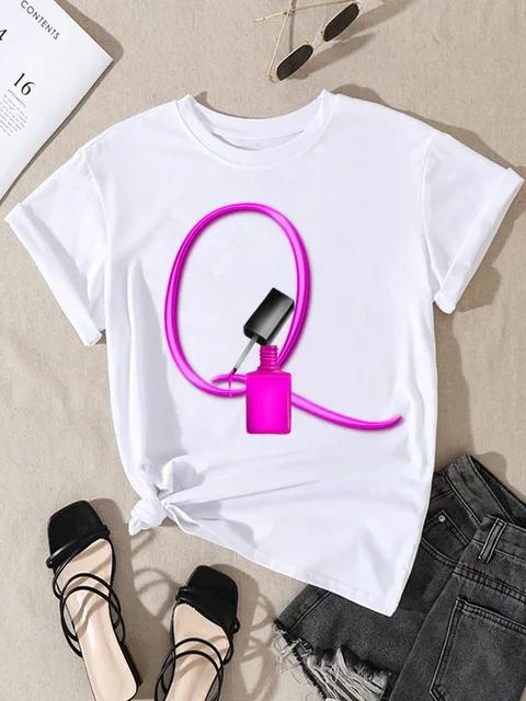 Summer Women's Short Sleeve T-shirt Dazzle Nail Polish Letter Print Large Size Shirt Fashion Girl Crewneck Tshirt Aesthetic Tee