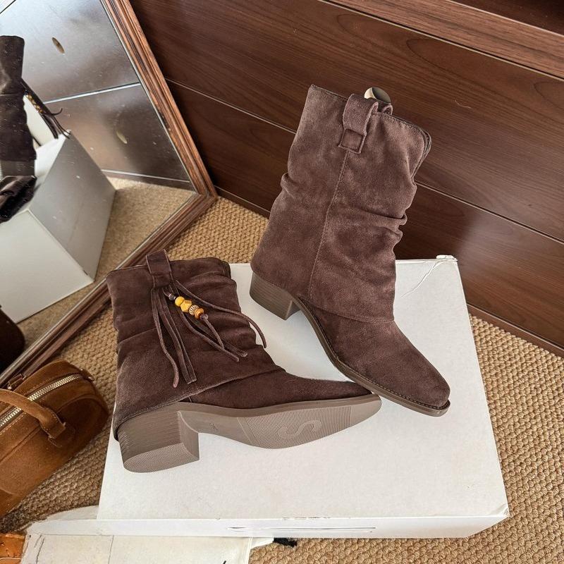 Fashion Pleated Stack Vintage Women's Booties 2025 Fall New Tassel Beaded Mid-Leg Boots