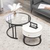 Набор из 2 круглых журнальных столиков, Современные вложенные приставные столики, Металл, Стекло, Мраморный сланец, Ящики из массива дерева, Белый