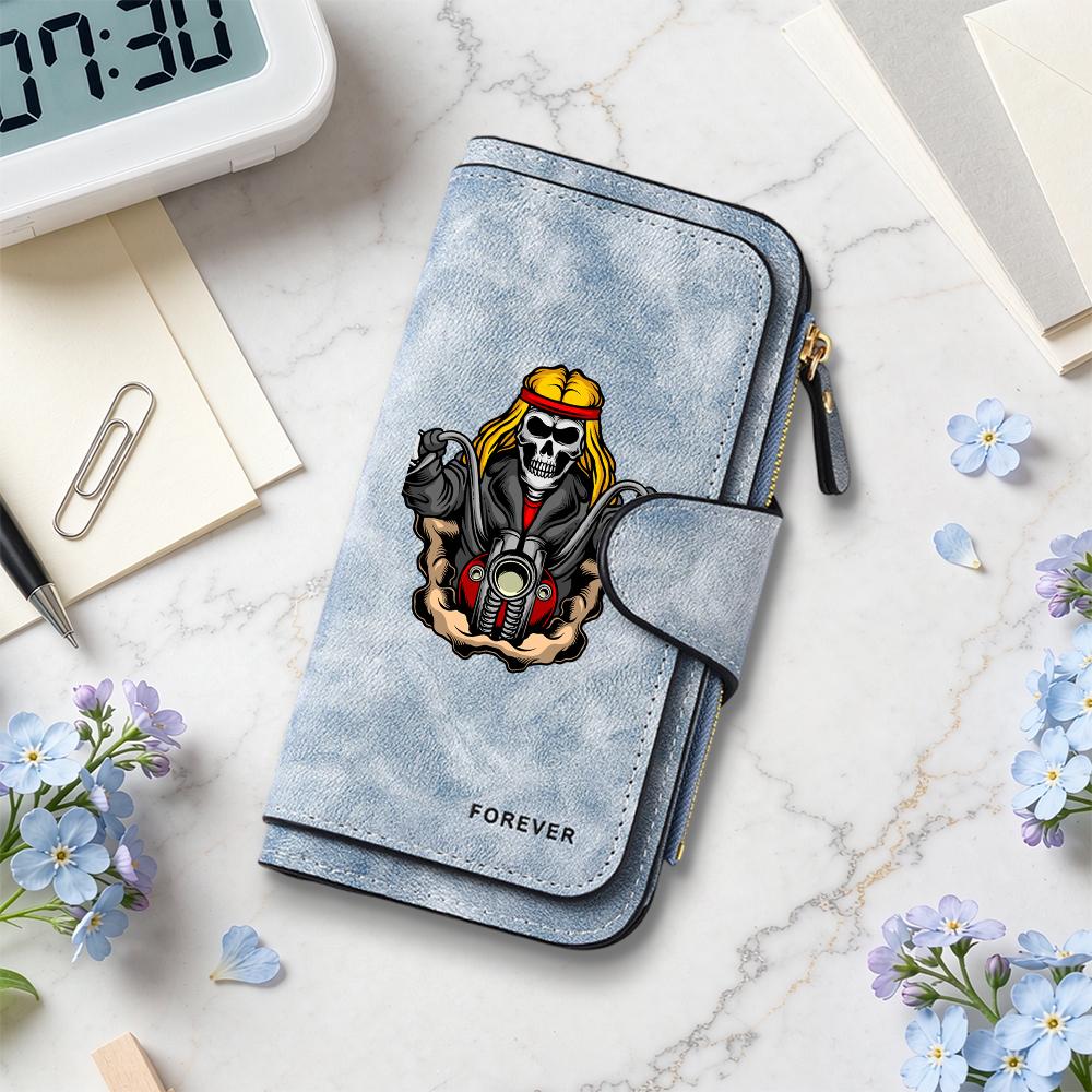 Cool Skull Biker Pattern Retro Long Wallet, Fashion Functional Card Holder Purse for Daily Use