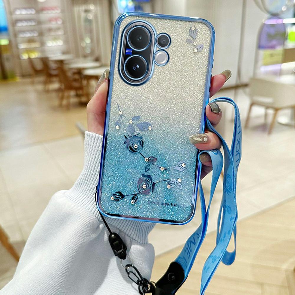 For vivo V60 5G Case Flower Pattern TPU Gradient Phone Cover with Lanyards