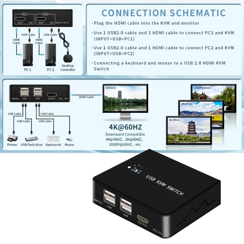 HDTV KVM Переключатель 2 входа 1 выход 4K 60 Гц Общий доступ к USB-клавиатуре и мыши Селектор-переключатель 4K 60 Гц Для ПК Ноутбука Офиса