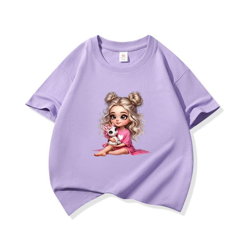 Kids Cotton T Shirt Cute Girl Sitting With Unicorn Print Crew Neck Short Sleeve Tee Casual Boys Girls Summer Tops