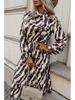 European and American Fashion Zebra Print Long Sleeve Dress with Bow Waist