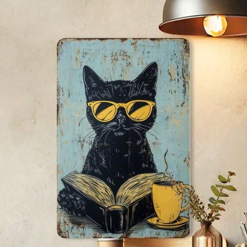 Винтажная кошка в очках Книга Металлический плакат Настенное искусство для дома Кафе Бара Гаража