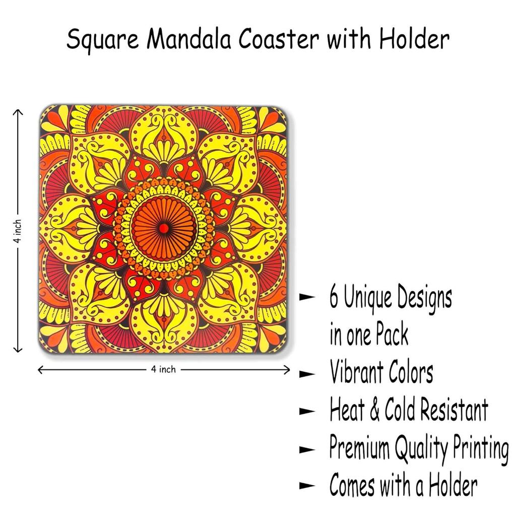Set of 6 Mandala 4 Inch Coasters with Holder Unique Handmade Designs Square with Holder  10x10 Cm