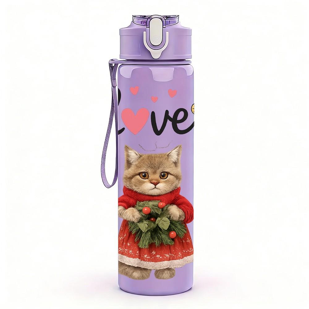 1PC Love Cat Holding Flower 750ml Color Plastic Sports Water Bottle Leakproof Flip Straw Lid Suitable for Sports Office Home Use
