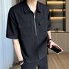 Men Cargo Shirt Half Zipper Hem Chest Sleeve Pockets Short Split Turn-down Collar Loose Solid Color Pullover Streetwear