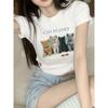 Cat Print Crew Neck Creux Crop T-shirt, Casual Slim Short Sleeve Summer Crop T-Shirts Tops, Women's Clothing