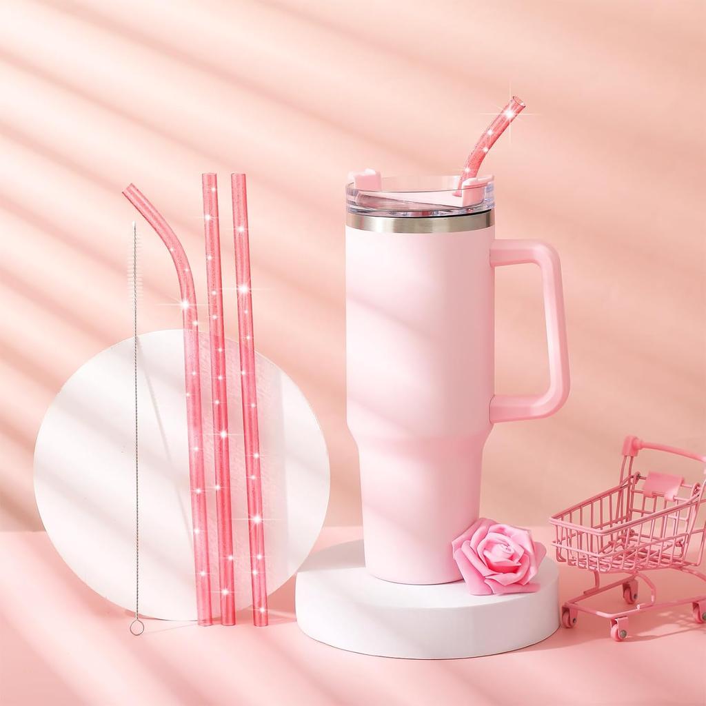 Nuogo 10 Pack Replacement Straw Compatible with Stanley 12 Inch Glitter Clear Long Hard Plastic Straws Bulk with Cleaning Brush for 40 30 oz Tumbler