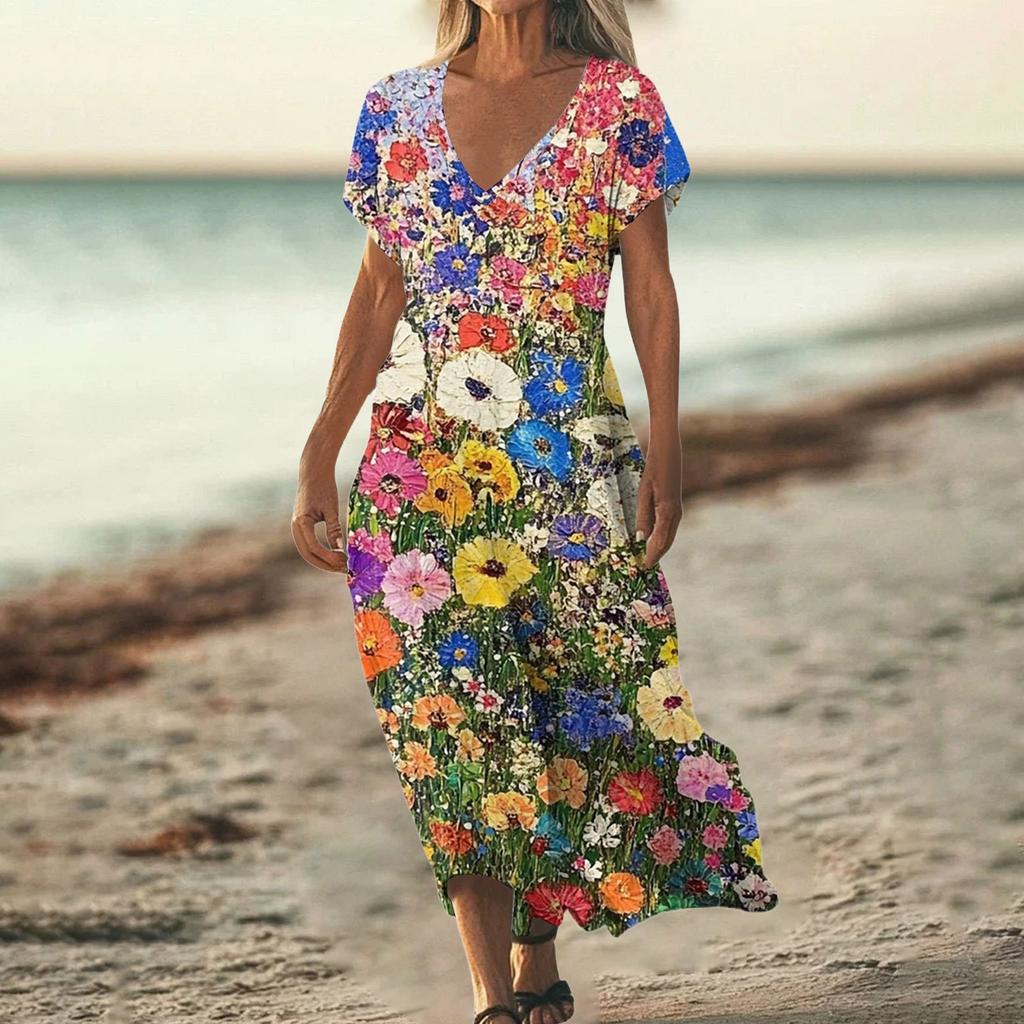 Fashion Women's Summer V-neck Short Sleeve Cotton And Linen Vintage Floral Print Beach Dress