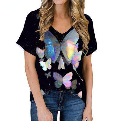 Модные весенние блузки с принтом бабочек, футболки с коротким рукавом и V-образным вырезом, повседневные