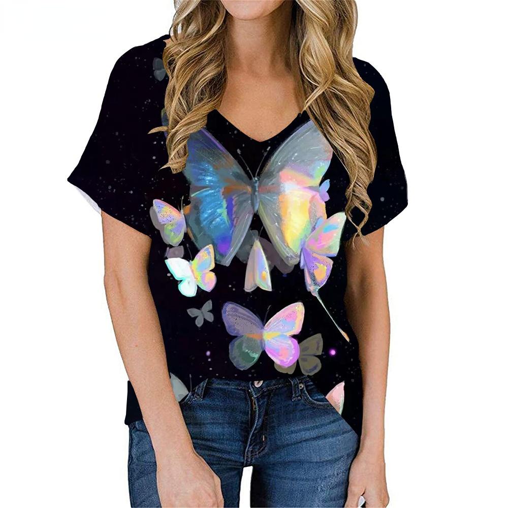 Модные весенние блузки с принтом бабочек, футболки с коротким рукавом и V-образным вырезом, повседневные
