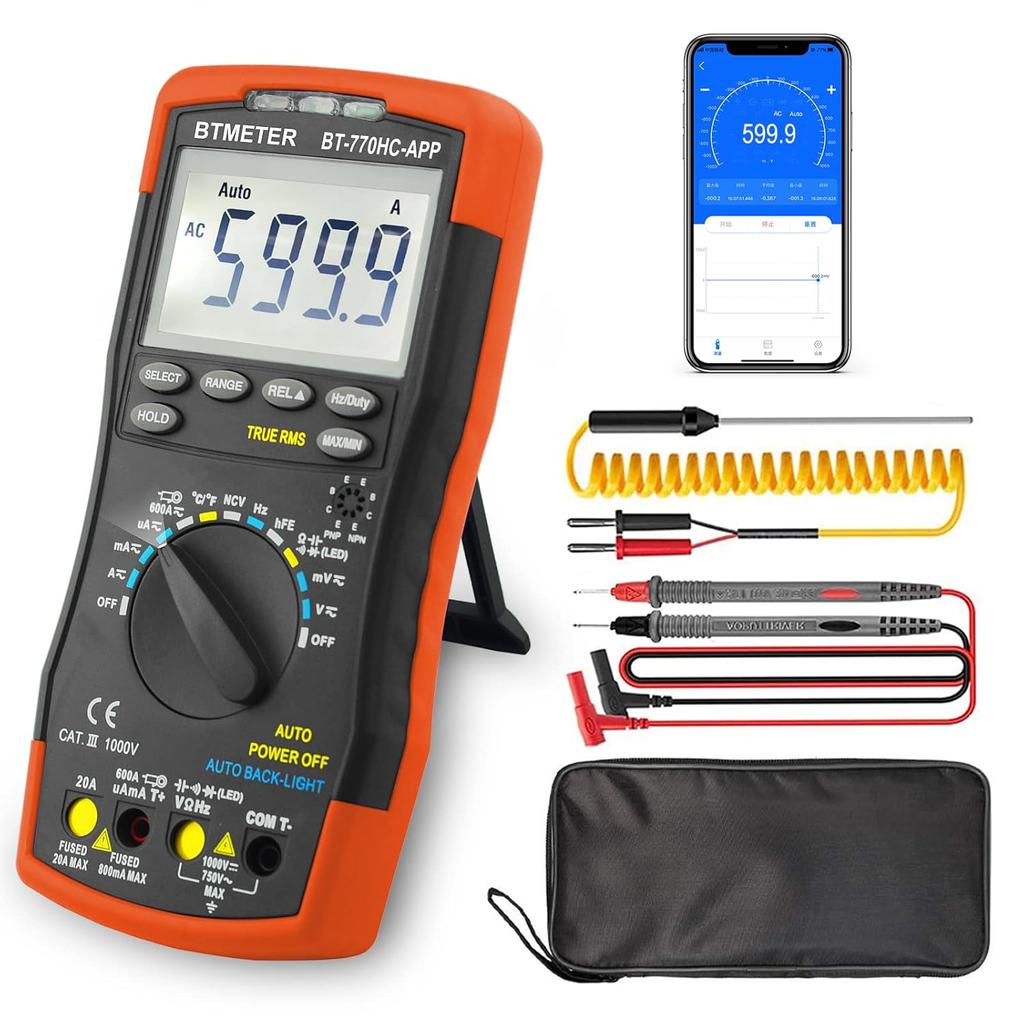 BTMETER BT-90EPD Bluetooth Multimeter, 4000-count auto-ranging tester. APP logs mobile data, tests AC/DC voltage, current, resistance & temp