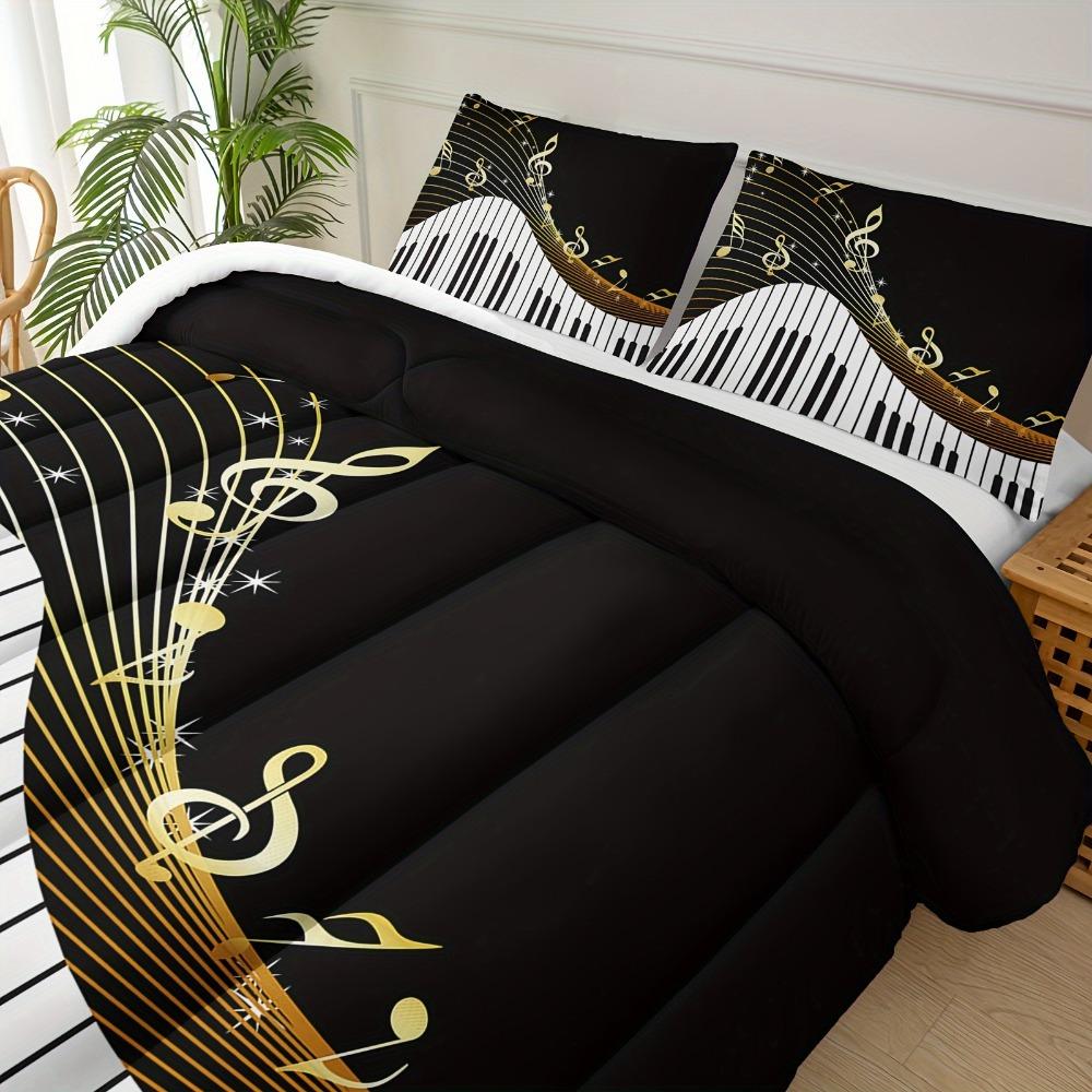 3pcs Black Bedding Set Piano Keys Music Note Print Cozy Duvet Cover King Queen Twin Size Birthday Gift for Adult Bedroom Decor
