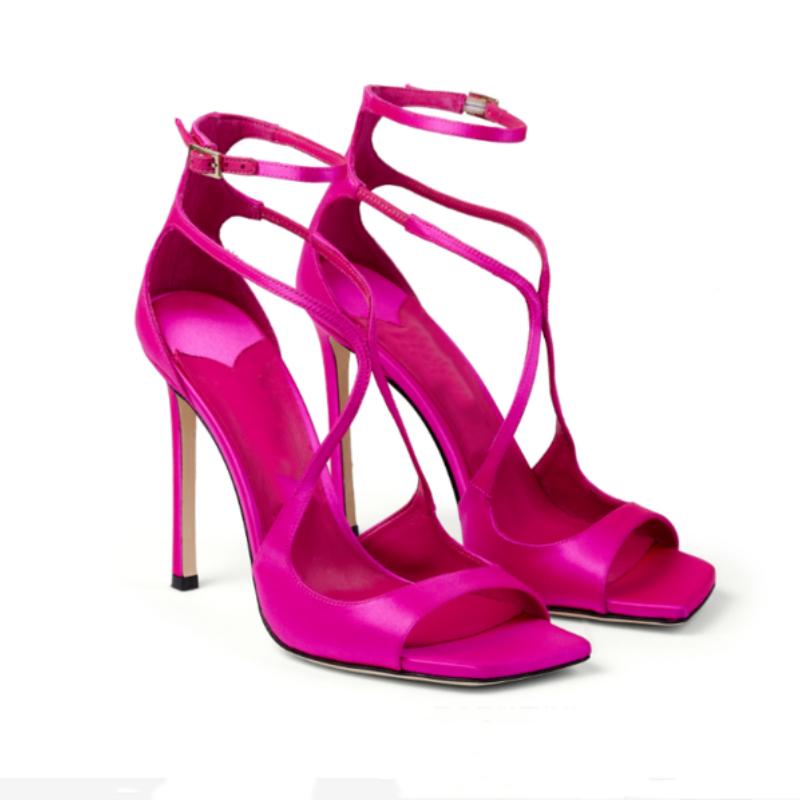 Модные сандалии для подиума, атласные завязки с квадратной головкой, женская обувь на тонком высоком каблуке 10 см, большие 34–43, качественные сандалии черного, розового и красного цветов