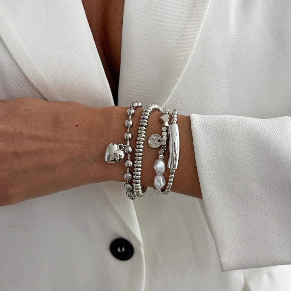 Silver Heart Pendant Bracelets Beaded Metal Hand Chain Vintage Imitation Pearl Bracelets  Gifts