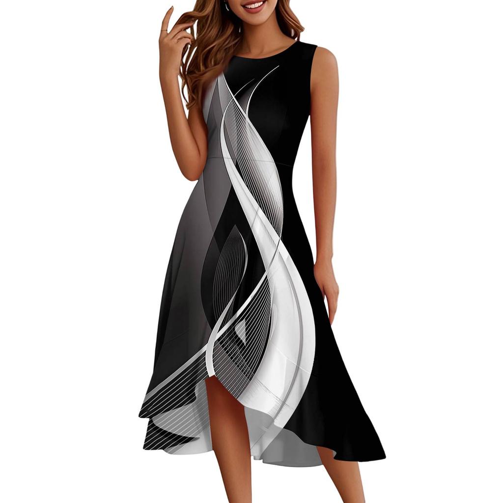 Женские модные повседневные платья без рукавов с круглым вырезом и принтом, элегантные, темпераментные, с оборками