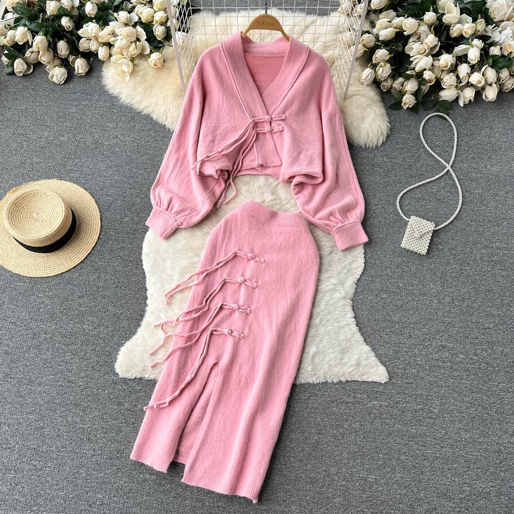 Вязаный кардиган-свитер на пуговицах-катушках в стиле ретро для осени и зимы + юбка миди с разрезом на бедре, комплект из двух предметов