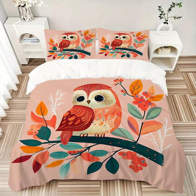 3pcs Cuddly Owl Design Bedding Set, Including 1 Quilt Cover and 2 Pillow Shams, Without Filling, Soft and Comfortable Home Bedroom Fabric, F