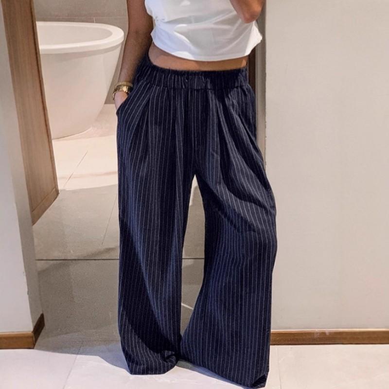 Womens High-Waisted Wide Leg Trousers With Color-Block Stripes Casual Office Pants Loose Fit