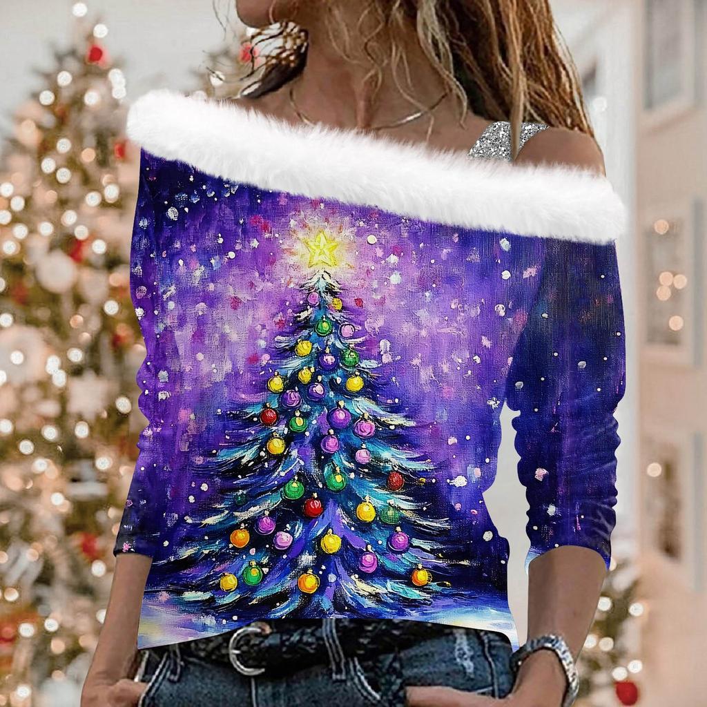 Женские топы с длинными рукавами. Модные женские свободные пуловеры с открытыми плечами с рождественским принтом.