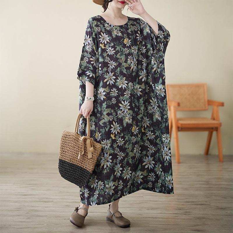 Short Sleeve Plus Size Cotton Linen Vintage Floral New In Dresses for Women Casual Loose Long Summer Dress