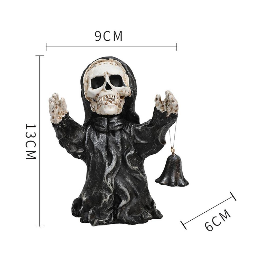 Halloween Skull Statue Holding Bell Figure Bookshelf Desktop Evil Resin Figurine