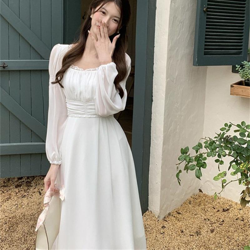 2024 Vestidos De Mujer, шикарное корейское платье, женская туника с квадратным воротником и пышными рукавами, осенний халат, винтажное кружевное лоскутное платье макси
