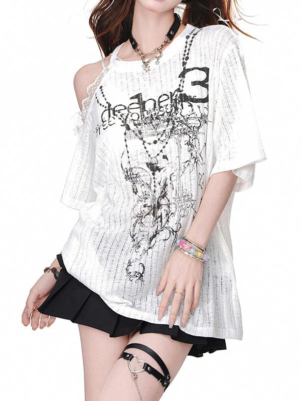 Print Off-Shoulder T-Shirt Women Summer Oversized Sheer Sweet Cool Streetwear Tee