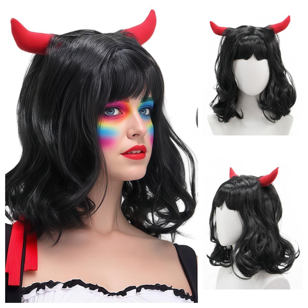 Medium Length Faux Ox Horn Demon Wig Gothic Devil Horns Headpiece Themed Parties