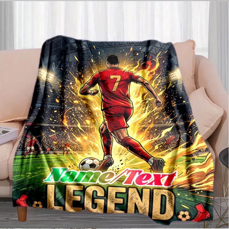 1PC Custom Name Soccer Legend Flames outdooor Flannel blankets Throw Blanket All-Season Throw Gift Bedspread for Couch, Bed, Camping Holiday Birthday