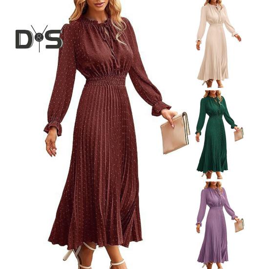 Women Fall Spring Dress Dot Print Pleated High Tight Waist Long Sleeve Shirring Collar Lace Up V Neck Mid Calf Length Lady Midi Dress