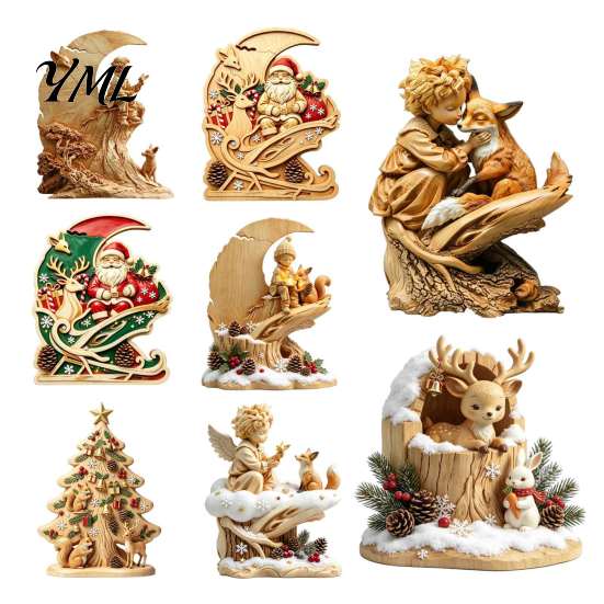 Retro Style Home Decor Fairy Tale Little Boy and Fox Wooden Figurine, Rustic Desktop Statue, Artistic Carved Vintage Accents Sculpture Ornament