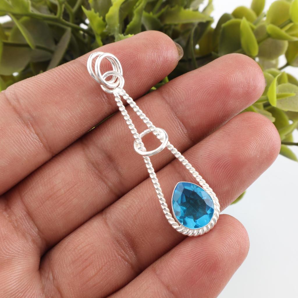 Swiss Blue Topaz Pendant, Handmade Gemstone Pendant, 925 Solid Sterling Silver Pendant Antique Jewelry, For Engagement Gift