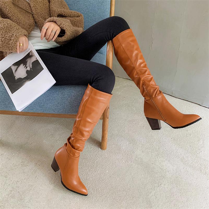 Women Knee High Long Boots Pointed Toe Thick High Heels Zipper Pleated Gogo Boots Ladies Fashion Shoes Autumn Winter 46