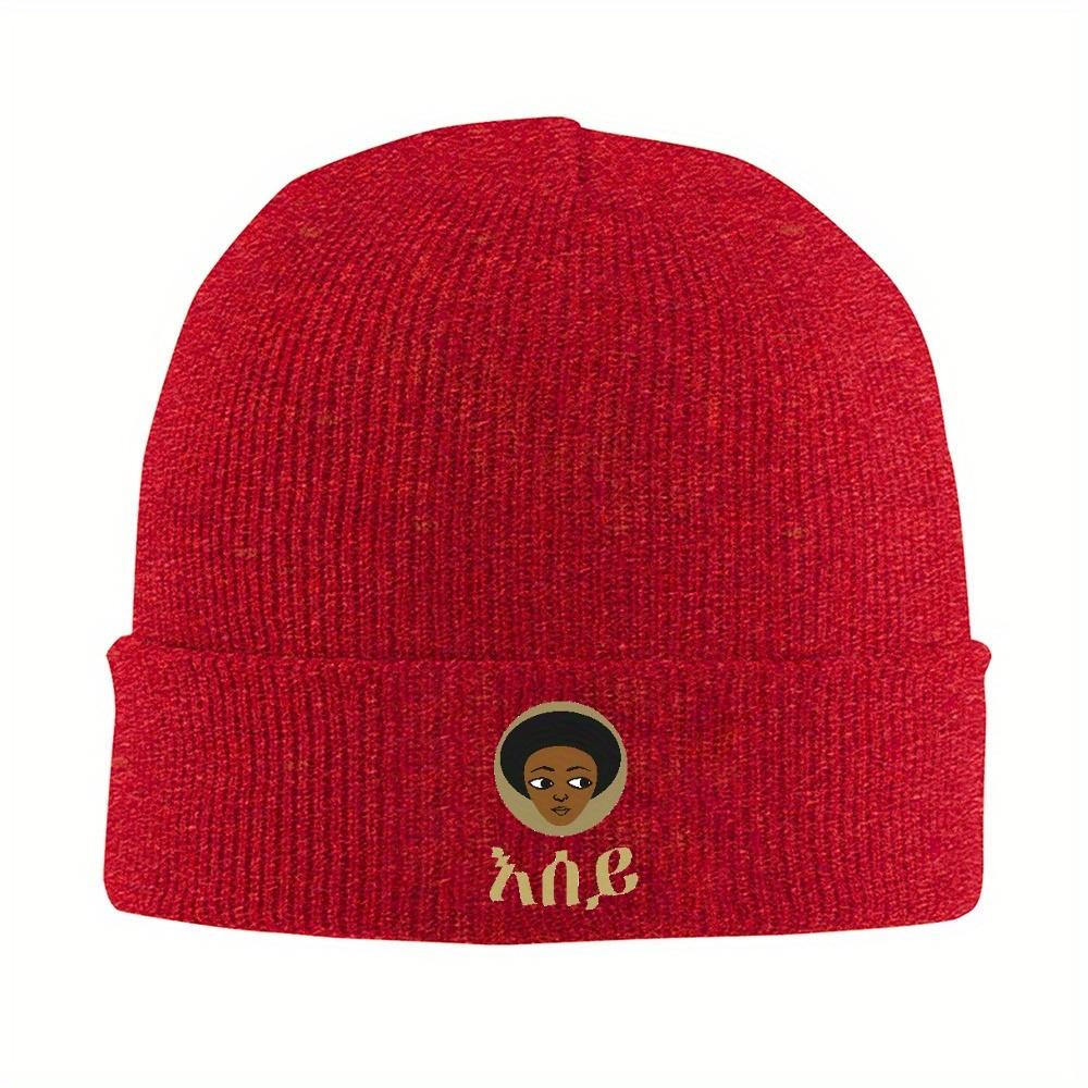 1pc Amharic Eritrea Knitted Hat for Women Unisex Beanies Winter Hats Acrylic Ethiopian Cross Art Ethiopia Warm Cap