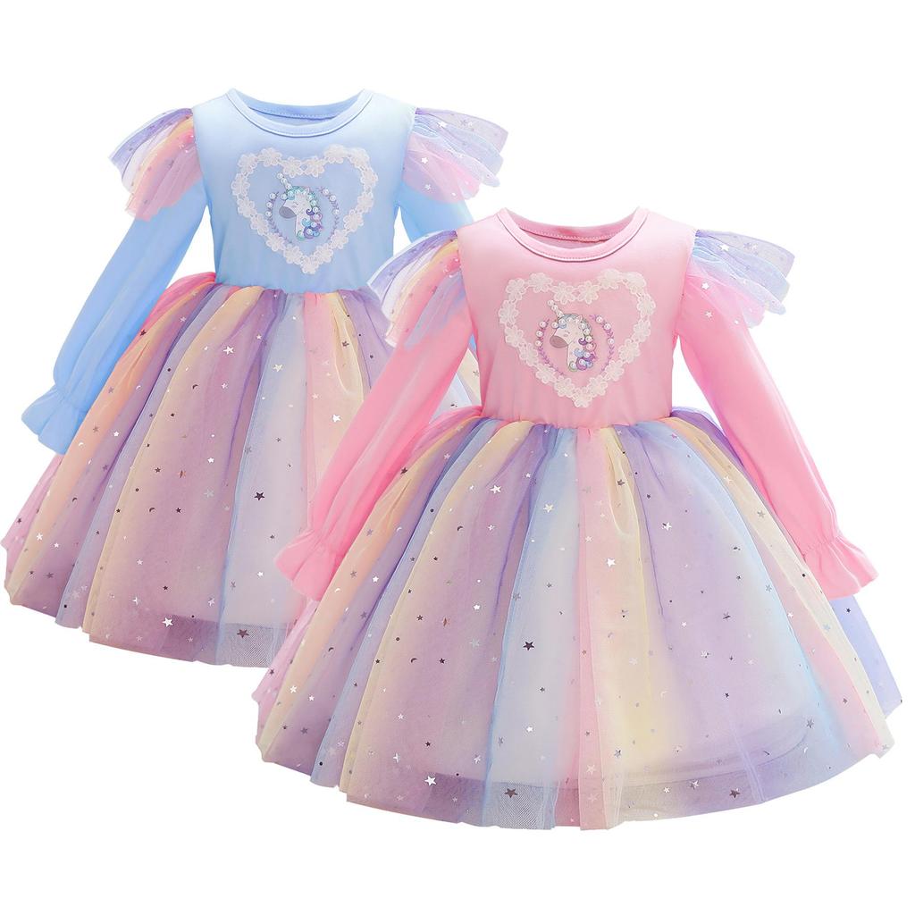 2024 New Spring Autumn Toddler Daily Girls Dresses Long Sleeve Sequin Unicorn Princess Costume Tutu Party Xmas Gift 3-10 Years