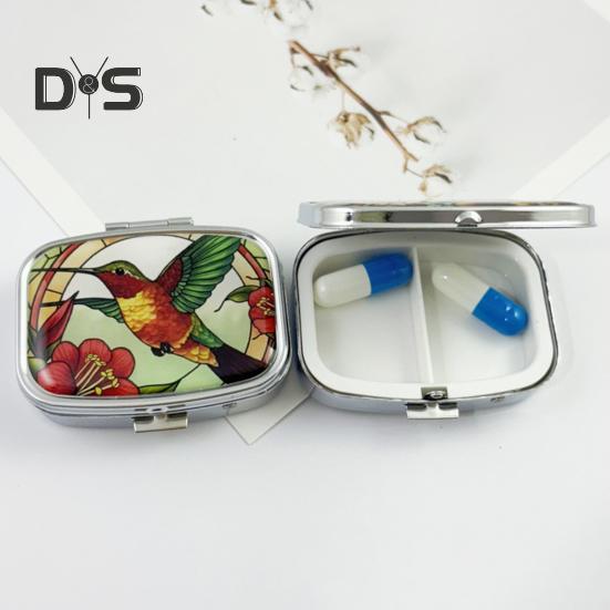 Pill Box with Hinged Lid 2 Compartments Tablet Holder Portable Jewelry Case with Mirror for Purse Pocket Travel Use