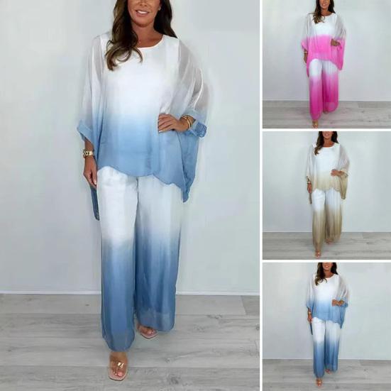 Summer Chiffon Gradient 2 Piece Set for Women Plus Size Crew Neck