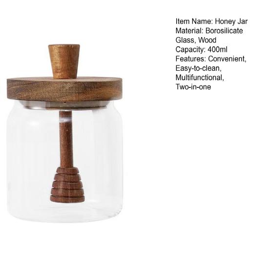 Glass Honey Jar 400ml Transparent Sealed Tank with Wooden Lid Dip Sticks Airtight Canister Syrup Dispenser for Home Kitchen Bar