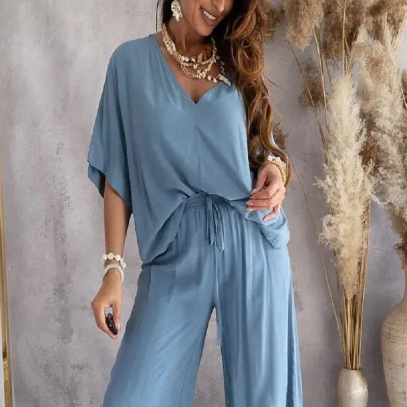 Летний повседневный свободный комплект из двух предметов для женщин с V-образным вырезом и рукавом «летучая мышь», повседневные комплекты из брюк для женщин, элегантные комплекты из двух предметов с рукавом «летучая мышь» для дома