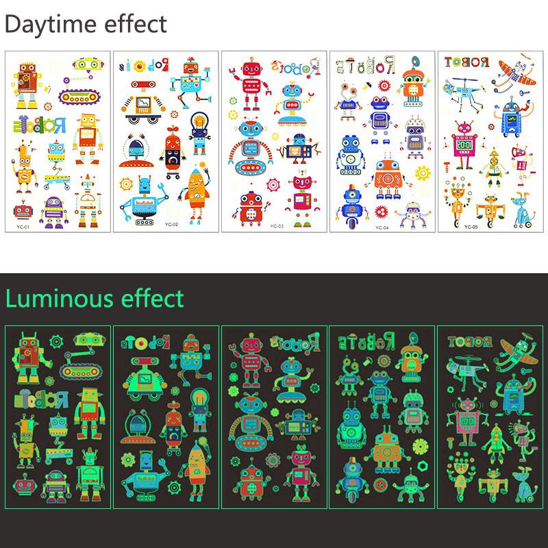 5pcs Luminous Tattoo Stickers Child Kid Temporary Fake Tattoos Glow Paste on Face Arm Leg for Children Body Art Mermaid Dinosaur