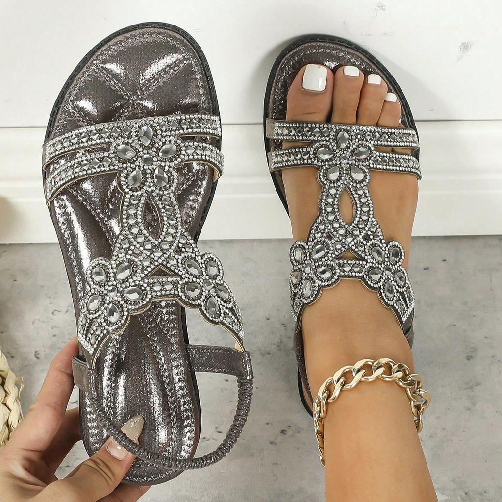 Удобная женская обувь, сандалии на плоской подошве со стразами, повседневные полые сандалии большого размера
