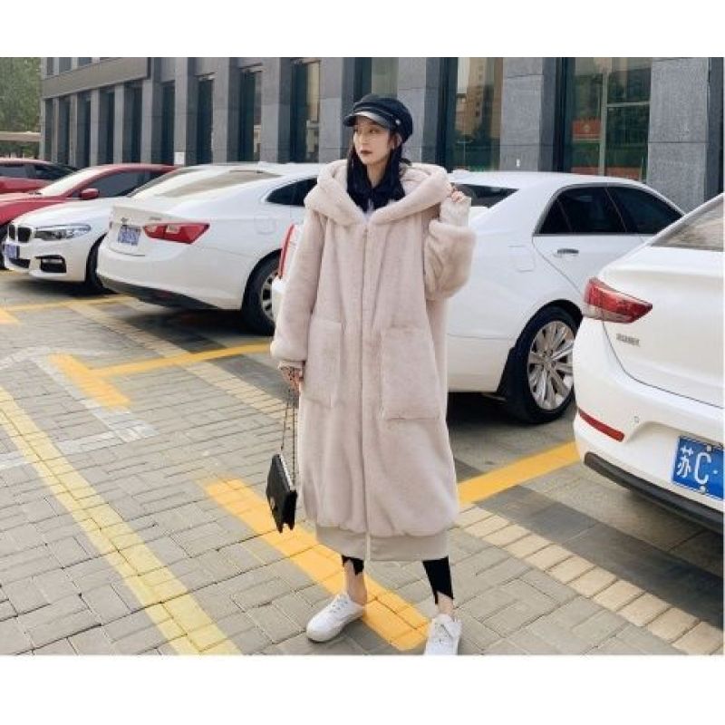 Осеннее и зимнее искусственное меховое утолщенное длинное пальто с капюшоном, экологически чистое пальто