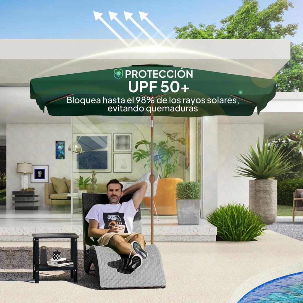 Outdoor Patio Umbrella 300x200x245 Cm With Adjustable Angle Aluminum Mast Crank And Uv 50+ Protection Green