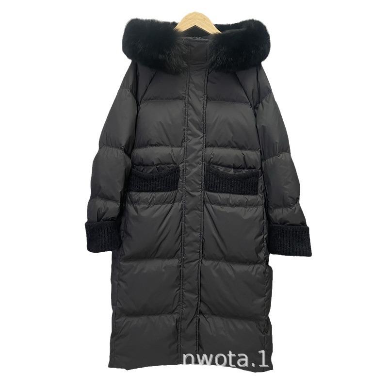 Long white duck down jacket women's new knee thickened hooded big fur collar loose large size tide