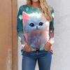 Новая милая футболка с 3D-принтом кошки, повседневная футболка с длинным рукавом, женская одежда, модные повседневные топы оверсайз, футболки, женская