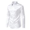 Men Dress Shirt Glossy Surface Satin Solid Color Turn-down Collar Button-down Mid Length Formal Busines Shirt Party Club Shirt